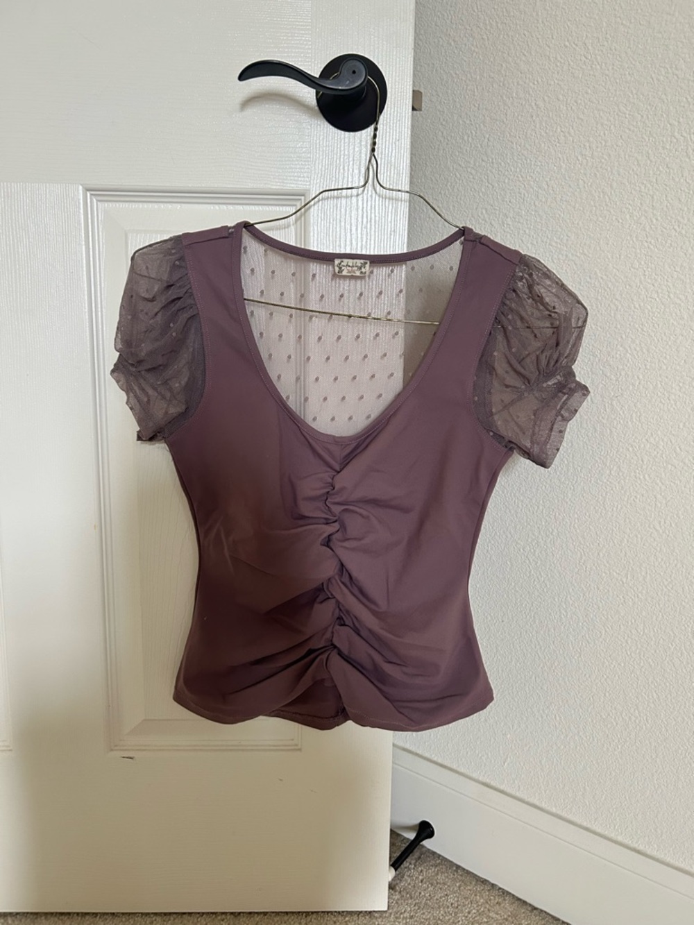 Free People Mauve Ruched Front Top with Sheer Puff Sleeves